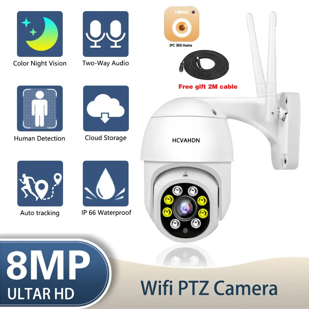 

Wifi 4K PTZ IP Security Camera Outdoor Waterproof with Auto Tracking Wireless 8MP CCTV Video Surveillance and Color Night Vision