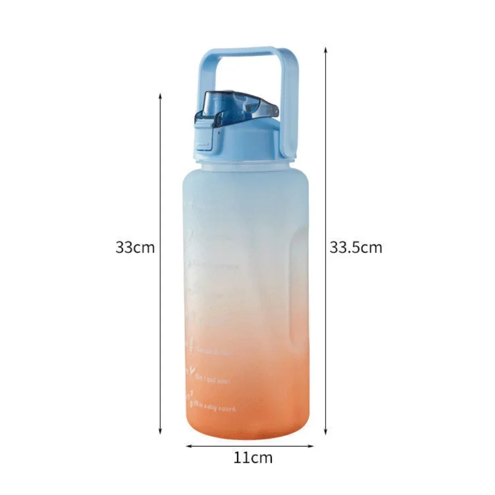 Hot Large Couple Cup with Straw Time Scale Water Bottle Plastic Water Cup Large Student Frosted Outdoor Sports Water Bottles 2L