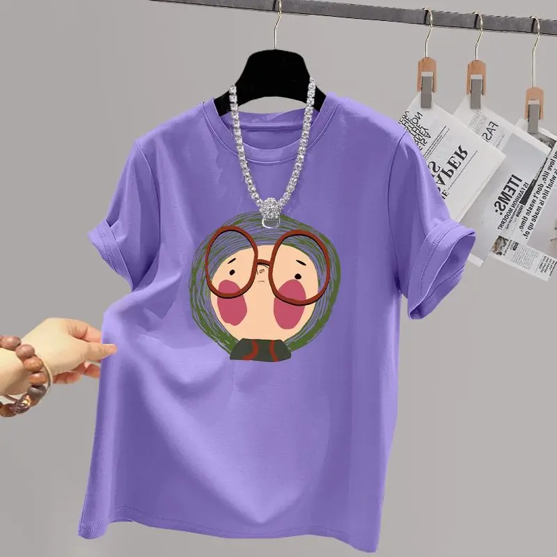 Women Cartoon Printed O-neck T-shirt Summer Basic Pure Cotton Chic Y2k Short Sleeve Tops Comfortable Breathable Top Tees