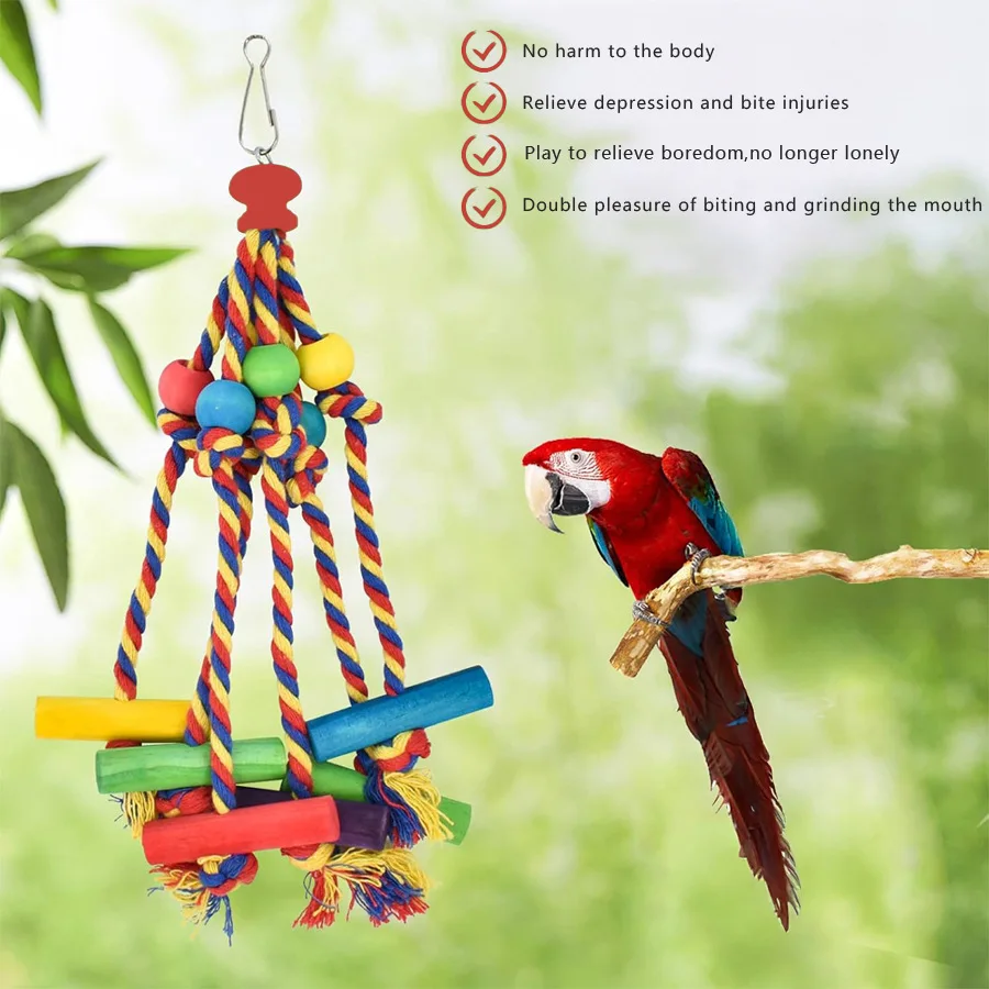 

Birds Parrots Gnawing Toys Colorful Wooden Blocks Hemp Ropes Bird Cage Accessories Relieving Boredom Biting Hair Ladders Pet Toy