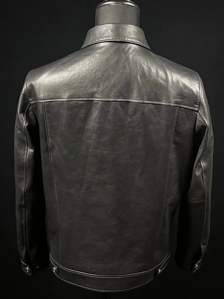 Fashion Leisure Turn Down Collar Long Sleeves Genuine Leather Jacket Solid Color Male Zipper Comfortable Cowhide Outerwear