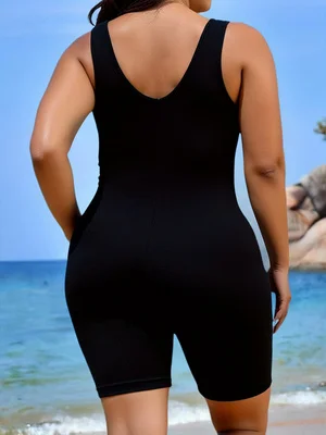 New European & American Plus Size Women's One-Piece Swimsuit, Fashion Color Block Print, Conservative Slim Fit with Boy Shorts view 4