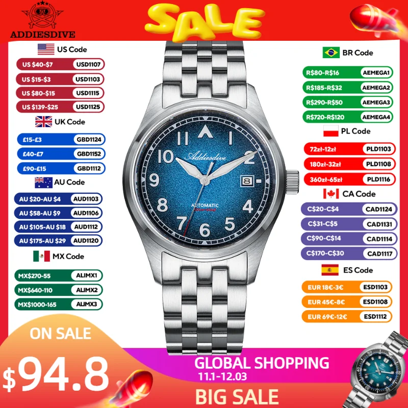 ADDIESDIVE 39mm Men's Automatic Watch New AD2562 Sapphire BWG9 Luminous 200m Waterproof Watches 316L Stainless Steel Dress Watch