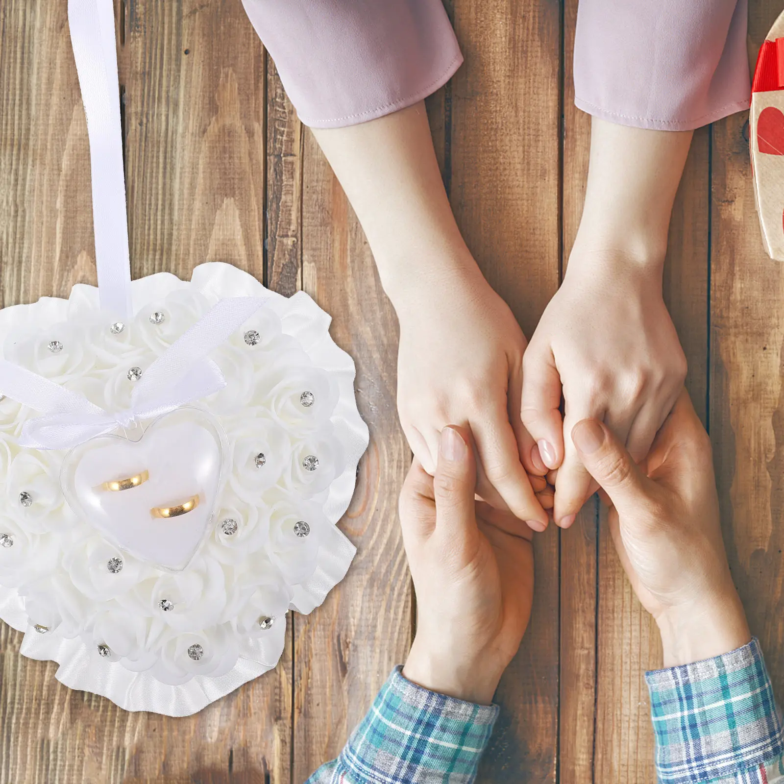 

1Pcs Delicate Heart Design Ring Pillow Transparent Acrylic Box Rhinestone Trimmed Artificial Rose Accent Ideal for Wedding