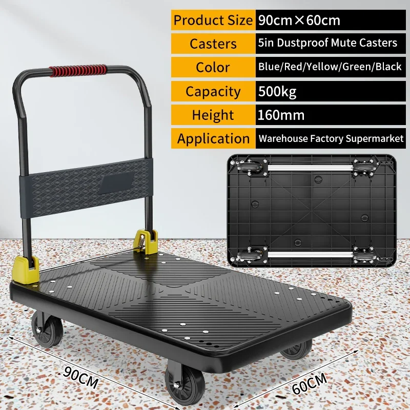 Chariot à plateforme en plastique noir, portable, capacité de charge de 500kg, poids lourds, camions à main, chariots pour entrepôt, 90x60cm