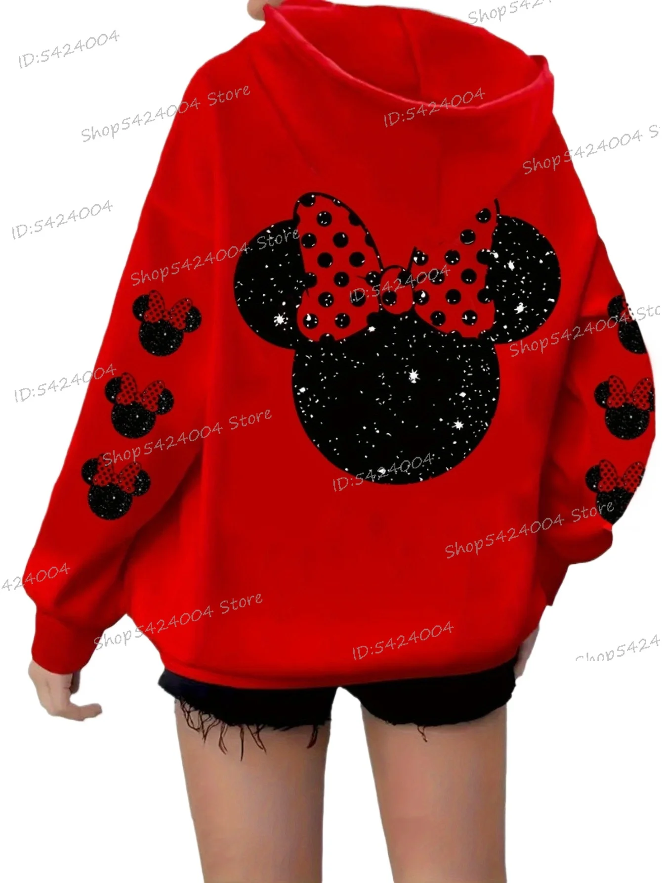 ميني ماوس طباعة هوديي مع جيوب أنيق وردي أحمر أسود الكبار هوديس عادية الخريف الشتاء مقنعين البلوز للنساء الرجال