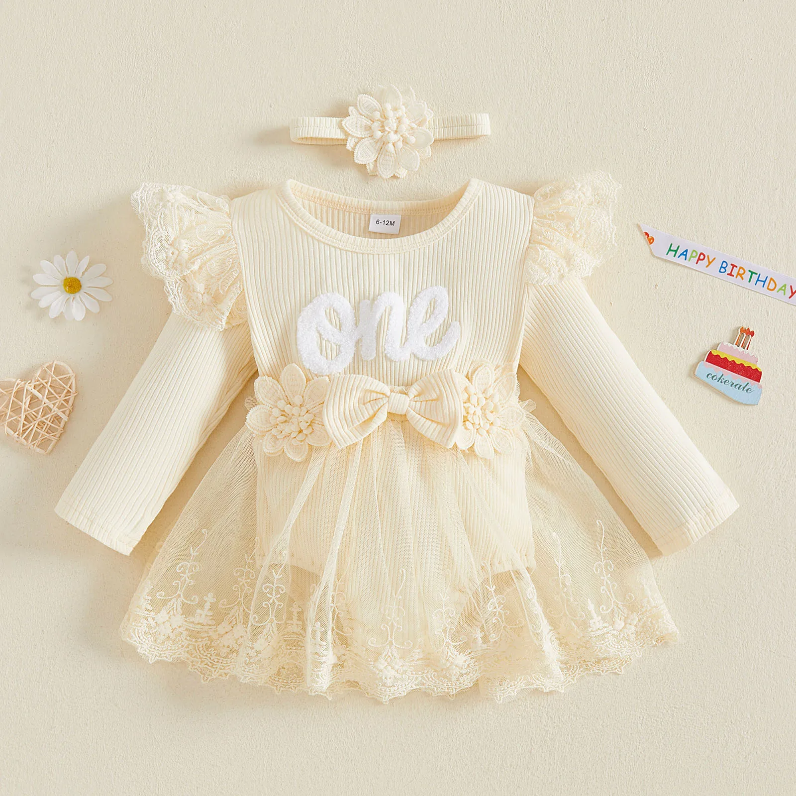 Sweet Baby Girl First Birthday Bodysuit Long Sleeve Lace Mesh Romper Dress Headband