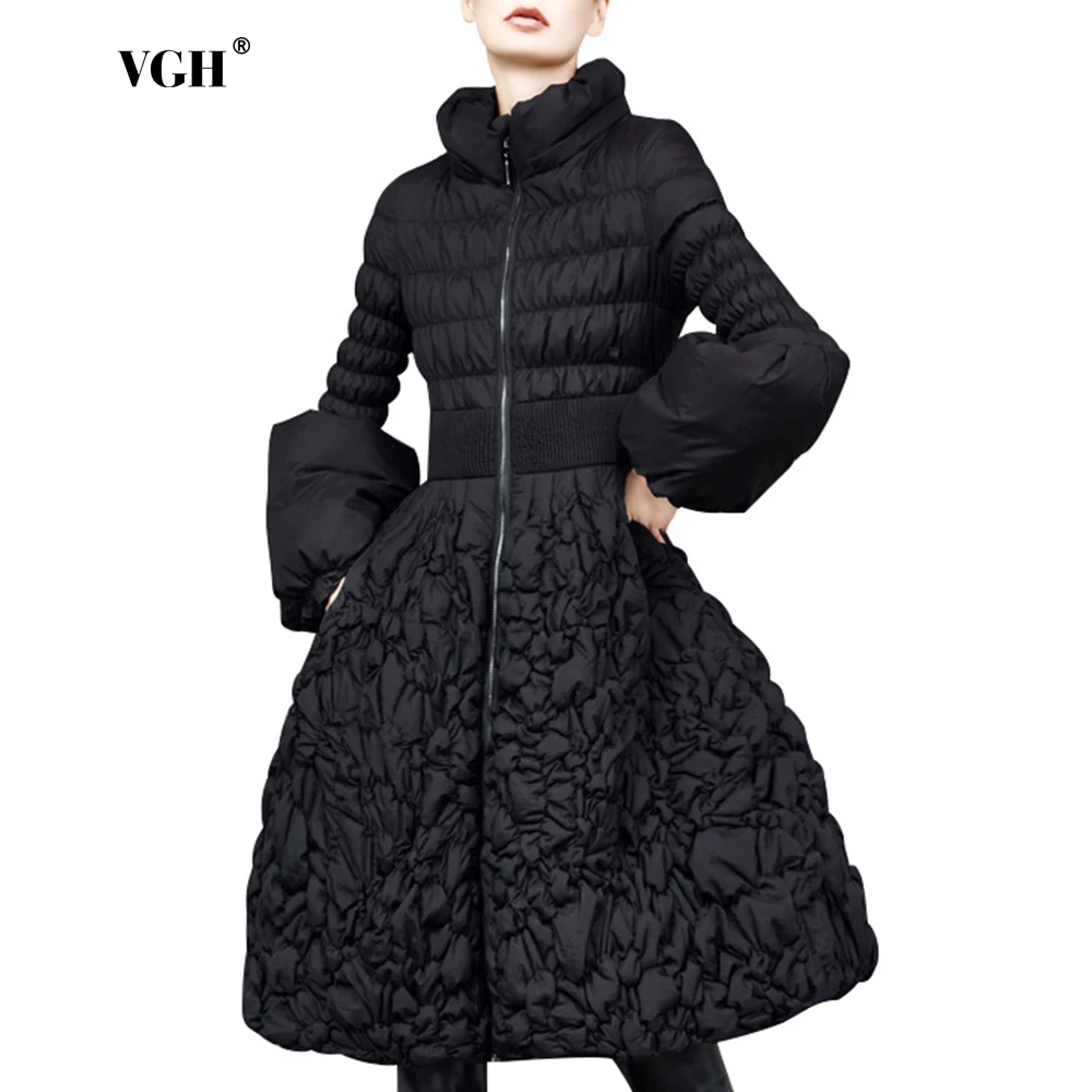 VGH Spliced Zipper Long Down Coat For Women Stand Collar Lantern Sleeve Solid Patchwork Folds A Line Winter Quilted Coats Female