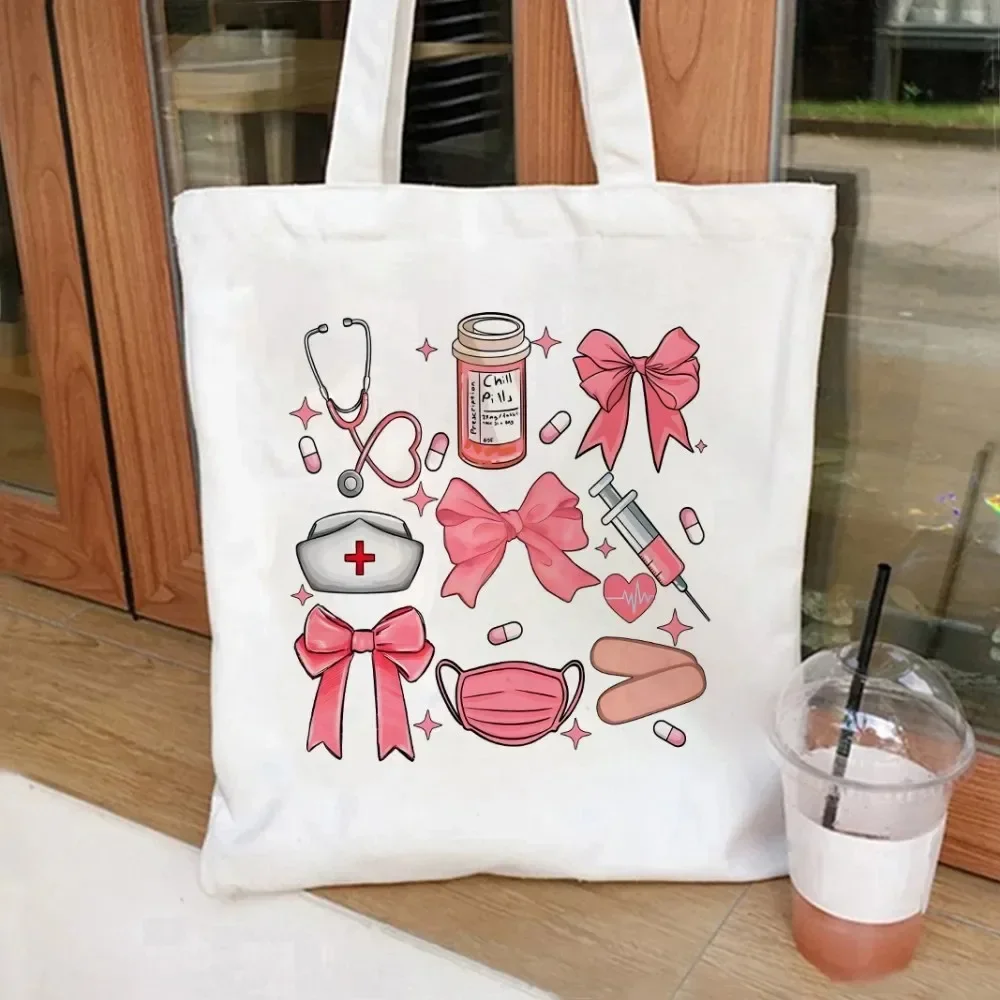 ممرضة كوكيت الأقواس وغيرها من القماش حمل حقيبة مستحضرات التجميل أكياس التسوق سعة كبيرة حقيبة يد حقائب اليد البيئية