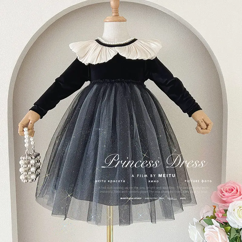 Velvet Splicing Doll Collar Korean Children's Clothing Girl Long Sleeve Fashionable Net Yarn Black Kids Princess Party Dresses