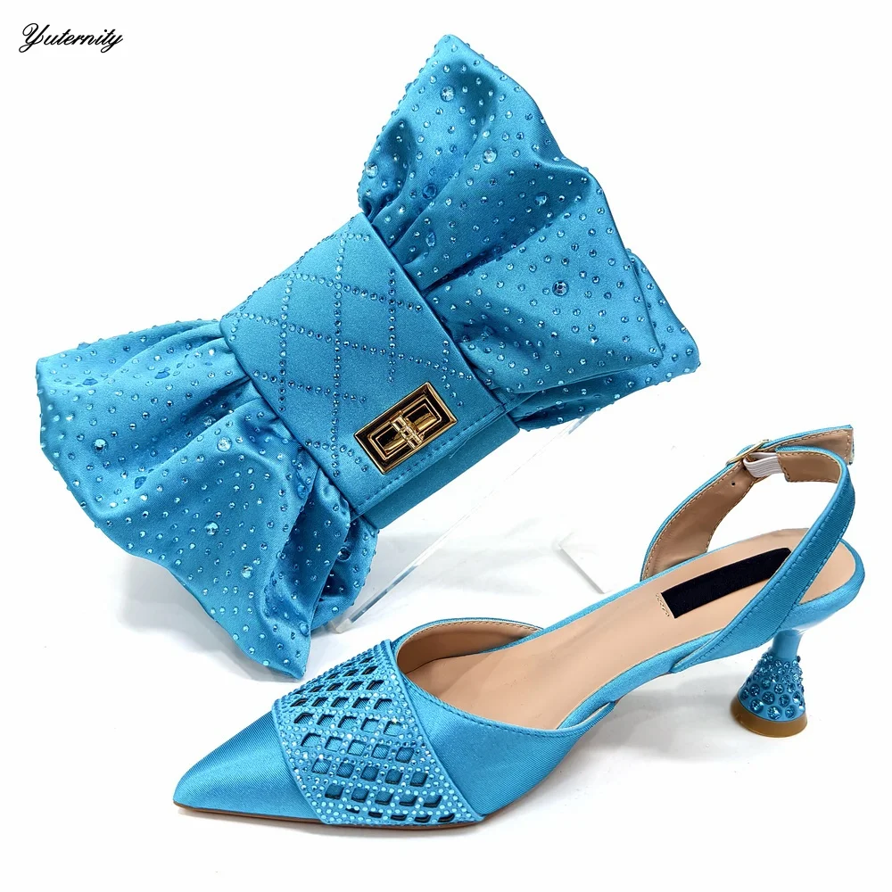 

New Arrival Nigeria Style Crystal Office Lady Shoes And Bag Set Summer Fashion Woman Pumps Shoes And Bag For Parties