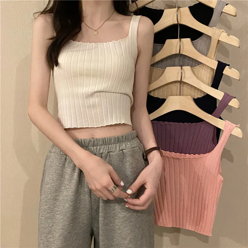 Y2K 90S Vintage Cropped Top Woman Korean Fashion Kpop T-shirt Women Summer Knitted Knitwear Tanks Camis Sexy Tee Shirt Clothes