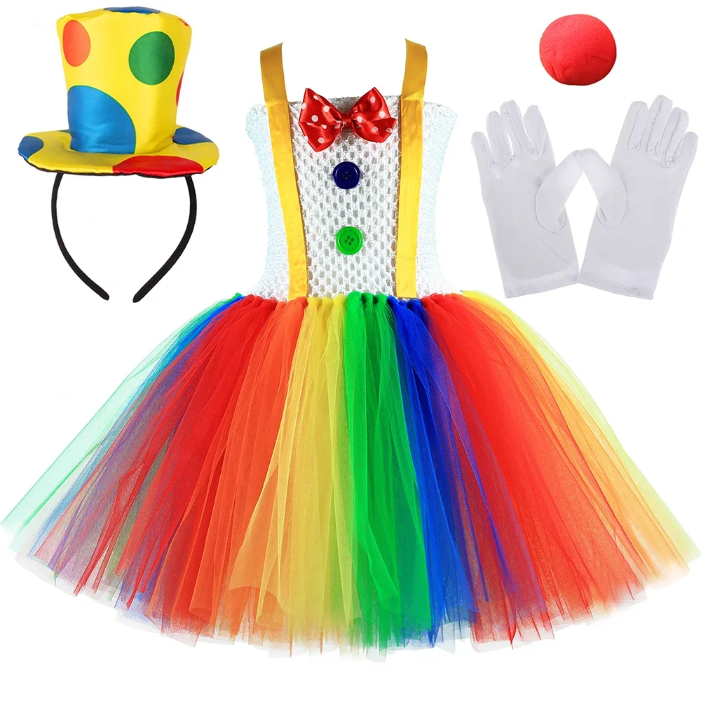 Rainbow Circus Clown Costume for Girls Halloween Carnival Party Dress Up Outfit Lined 2 Layers Tulle Kids Funny Joker Tutu Dress