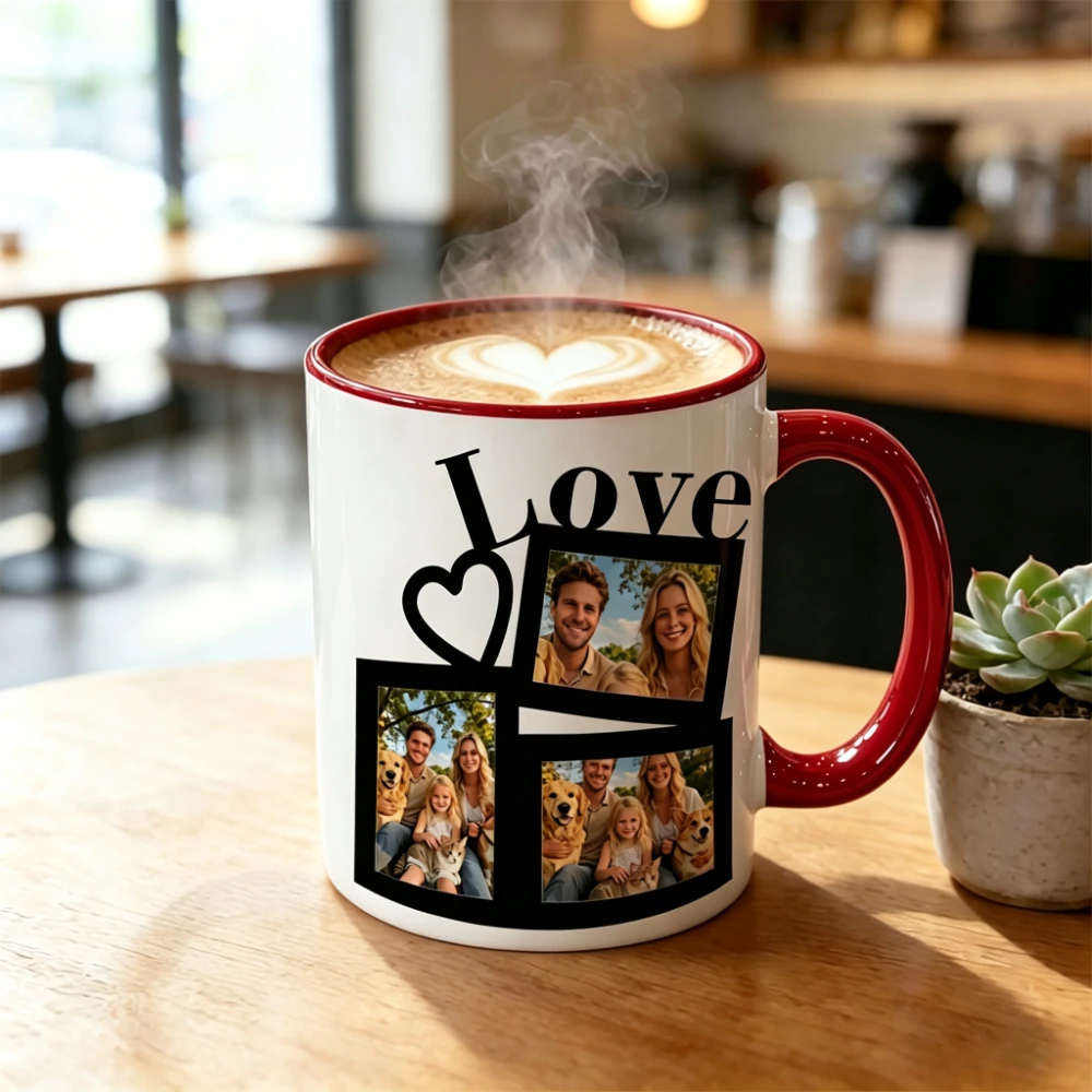 Custom image 1pc Custom heart three-grid photo collage mug, can customize three different photos, heart Love font, can customize