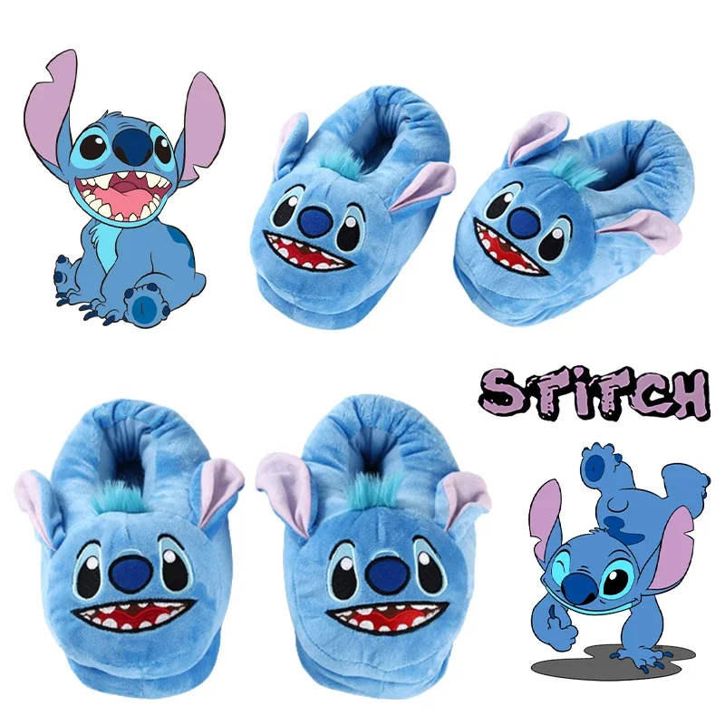 Disney Stitch zimowe klapki z motywem kreskówkowym damskie śmieszne słodkie do domu zamszowe buty przytulne płaskie zjeżdżalnie futrzane ciepłe