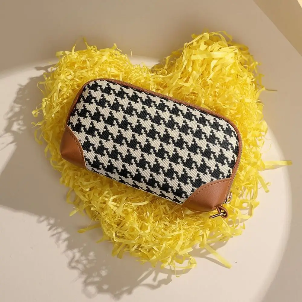 Fashion Pu Leather Long Style Wallet Car Key Bag Canvas Houndstooth Zipper Purse Printing Coin Purse Square Change Purse Outdoor