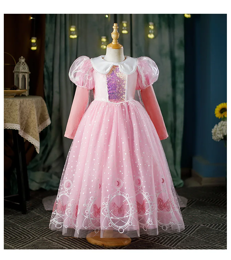 Rapunzel Dress Girls Summer and Autumn Pink Girls\' Birthday Sophia Cosplay Velvet Formal Princess Long Dress for 2-10 Years Old