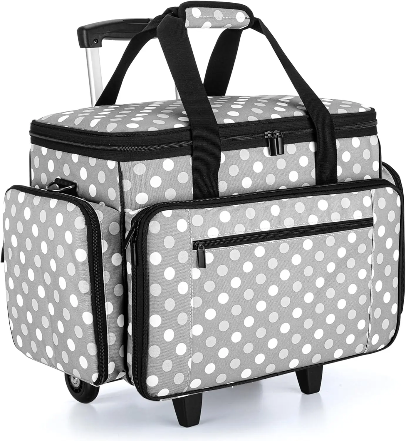 

Rolling Sewing Machine Tote with Detachable Dolly and Removable Pad, Fits Most Standard Machines, Gray Dots Design