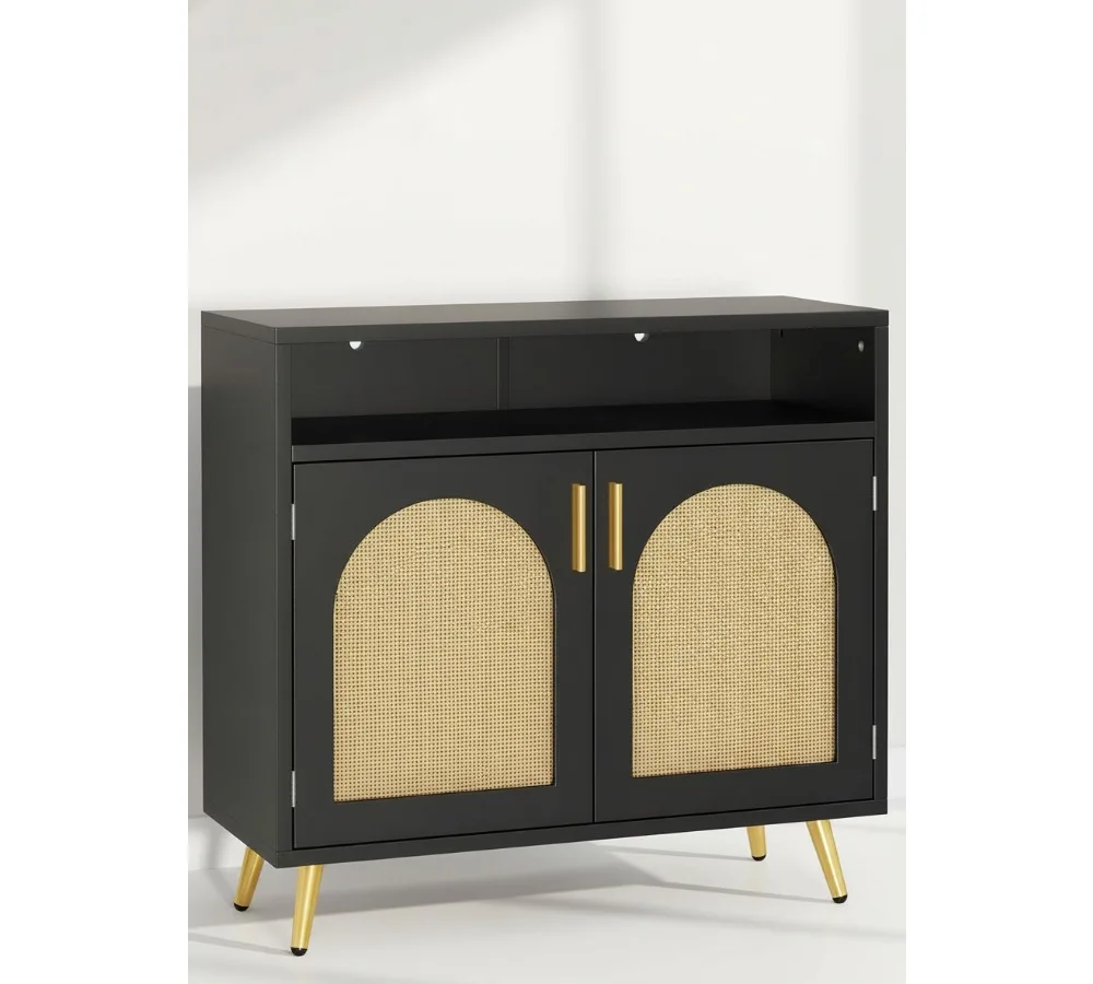 

Modern Rattan Storage Cabinet with Adjustable Shelves, Black Buffet Sideboard for Living Room Hallway