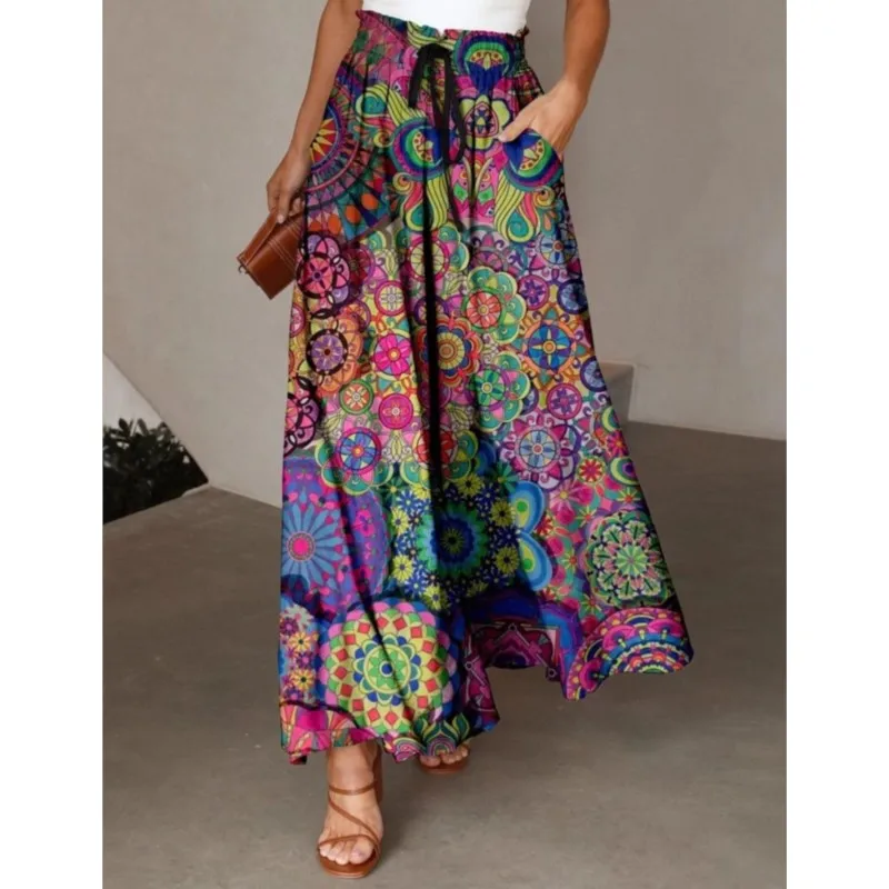 Bohemian Women's Loose 3D Digital Feather Print Waist Pleated Skirt 2025 Summer New Fashion Female Long Skirts Vintage Clothing