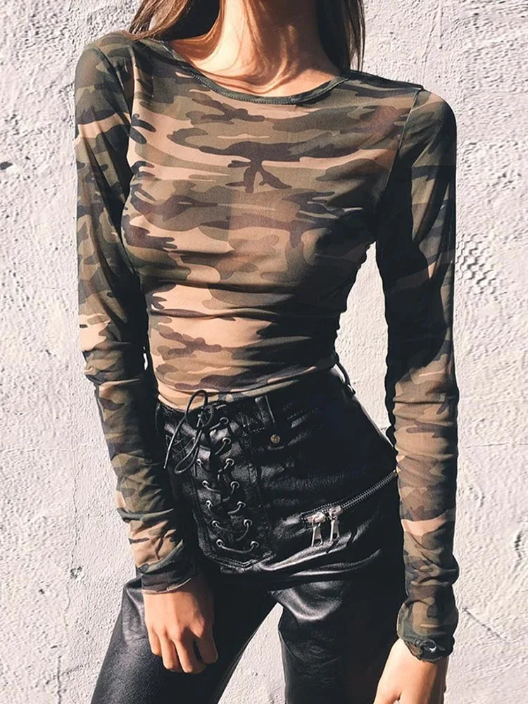 

Women Crop Tops Long Sleeve Camouflage Print Tees T-shirt Fashion Mesh See Through Ladies Sexy Short Women Summer Y2k Top