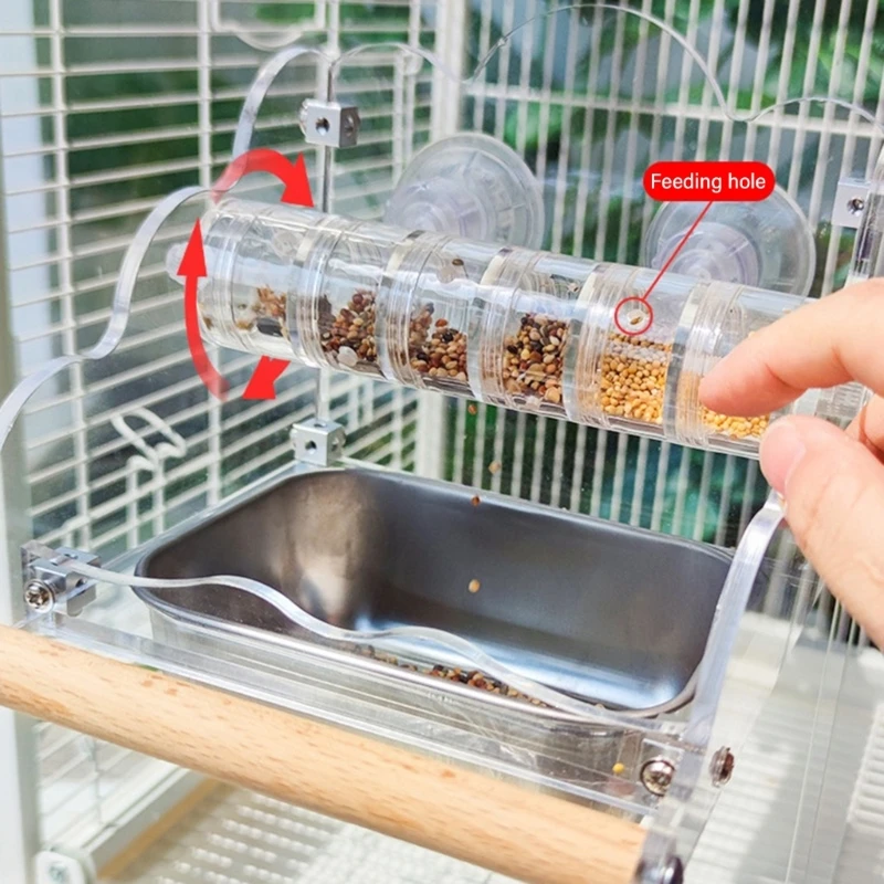 Bird Feeder Rotating Food Dispenser Antisplash Parrots Food Feeder Bird Cage Clear Seed Feeder Automatic Food Container