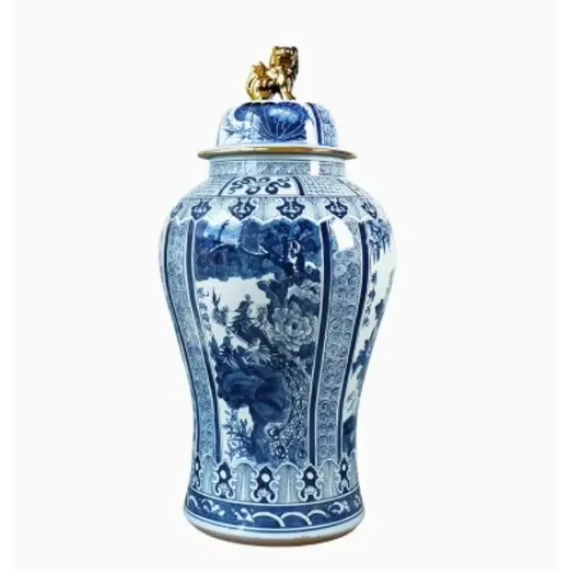 Large White and Blue Grand Home Decor Vase Ceramic Ginger Jar with Gold Chain Cover