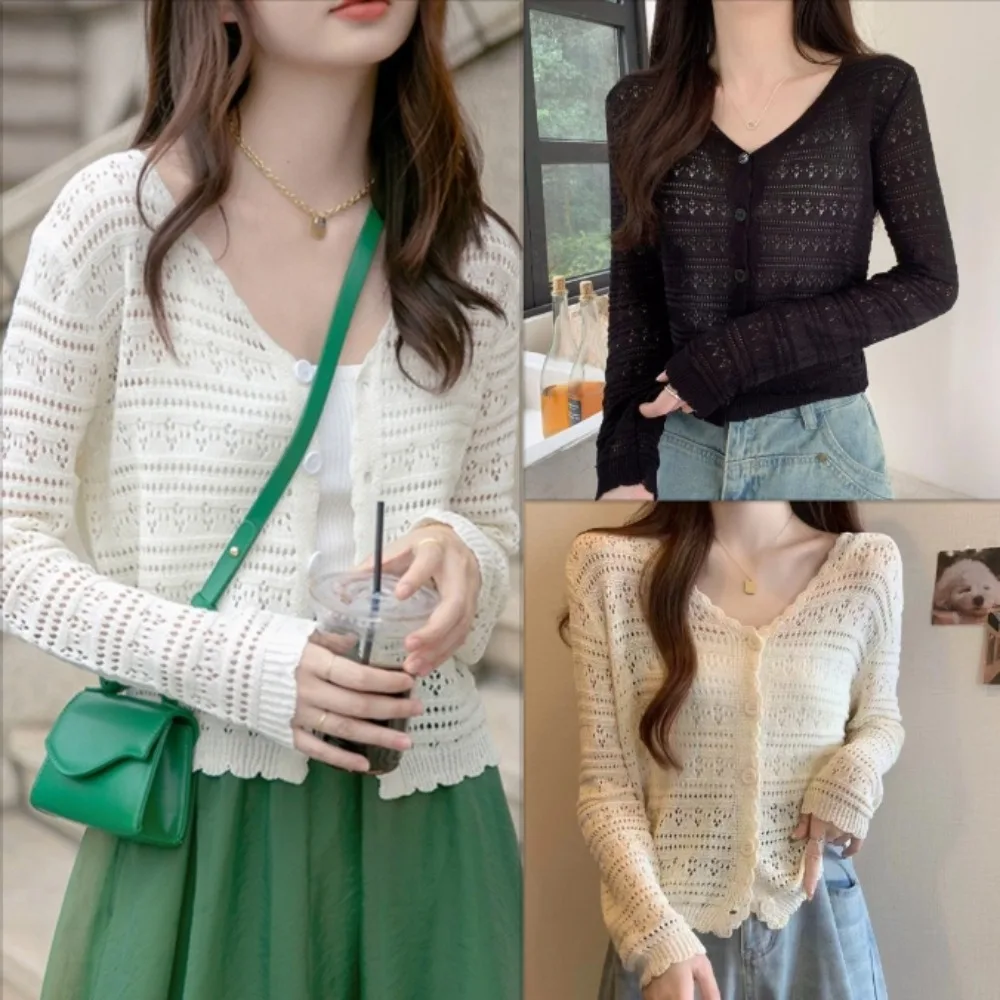 Cardigan tricoté ajouré pour femmes, Protection solaire fine, manches longues, Style court, petit haut de Protection solaire