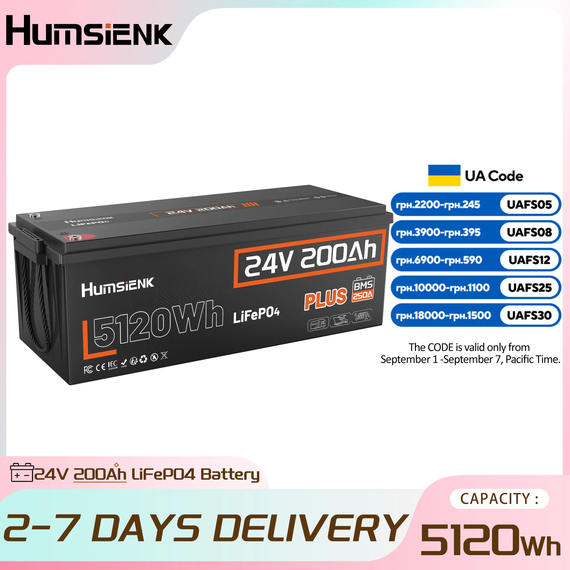 Humsienk 24V 200Ah LiFePO4 Battery Capacity 5120Wh Built-in 250A BMS MAX 15000+ Deep Cycle Low-Temp Protection 5-Year Warranty for RV Camper Off-Grid Cabin Home Backup Solar Storage Marine