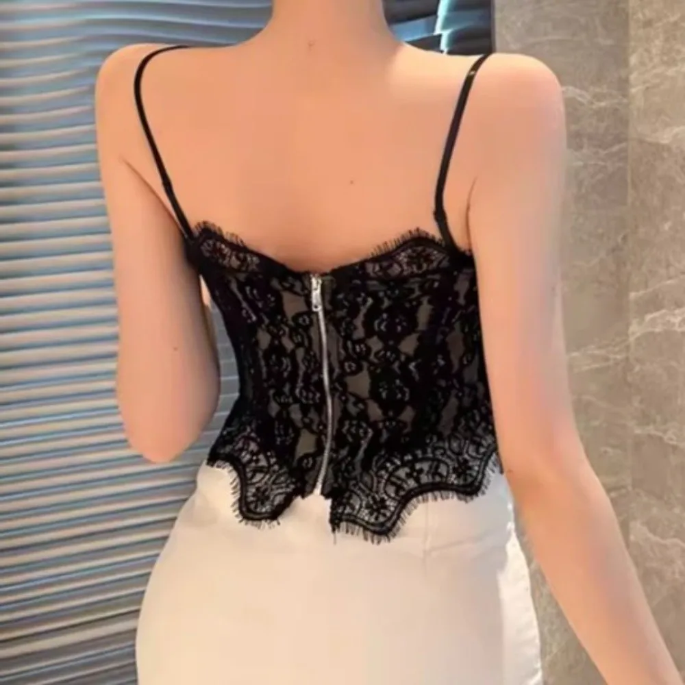Elegant Transparent Lace Camisole Slim fit Fishbone Crop Tops Sleeveless Lace Corset Spring Summer