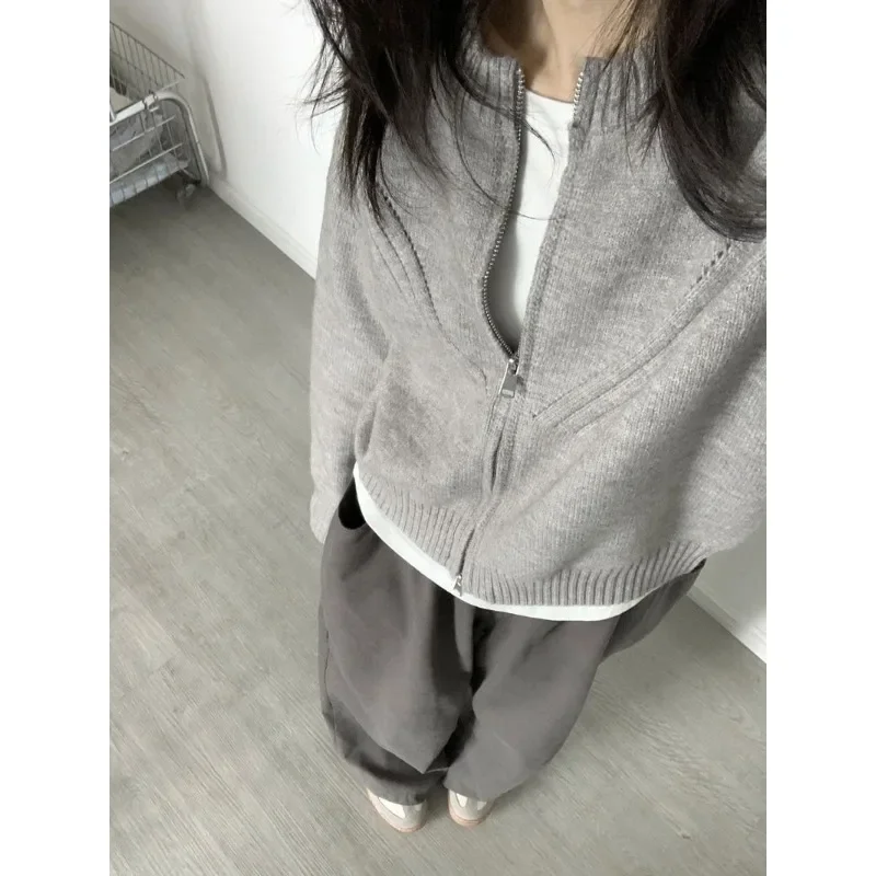 Cardigã de zíper cinza feminino, estilo coreano, suéter curto de malha, jumper casual, estética Harajuku, moda vintage, outono, novo