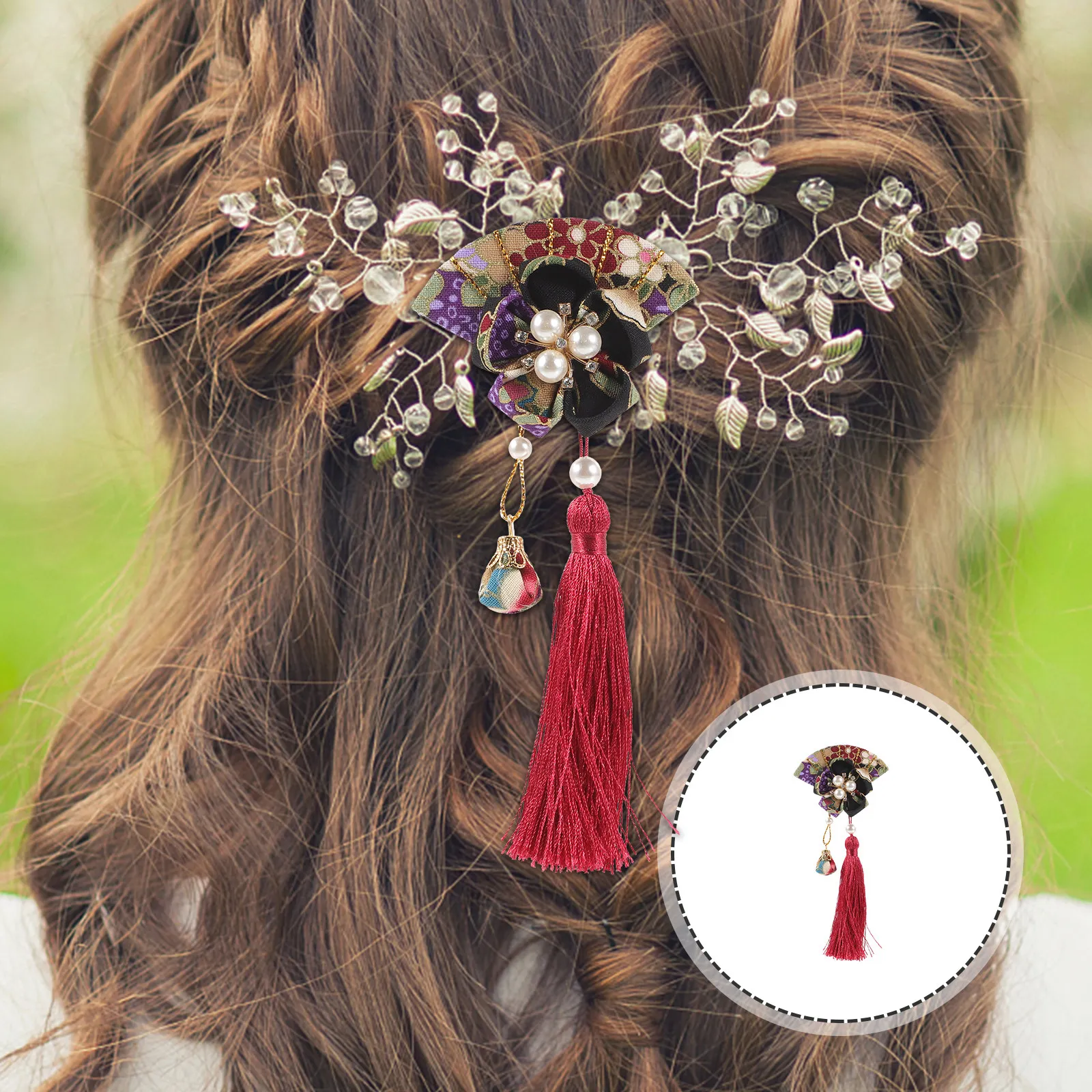 

Заколка-веер с кисточками в японском традиционном стиле для косплея, фестивалей, свадеб, вечеринок, аксессуар для волос в стиле Ханьфу, заколка-веер