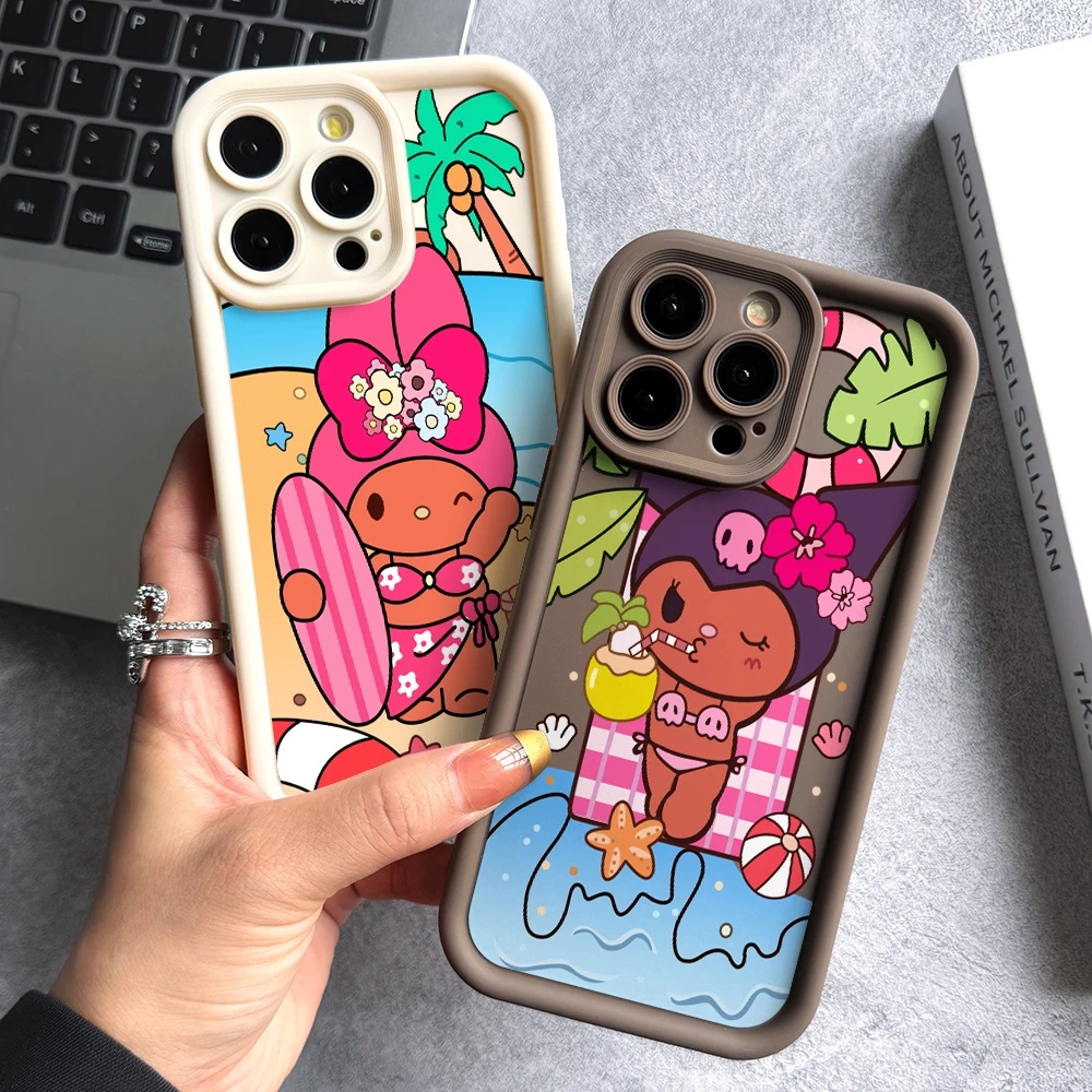 Beach Kuromi My Melody Phone Case for iPhone 16 15 14 Plus 13 12 Mini 11 Pro Max X Xs XR 8 7 Soft Ladder Lens Protection Cover