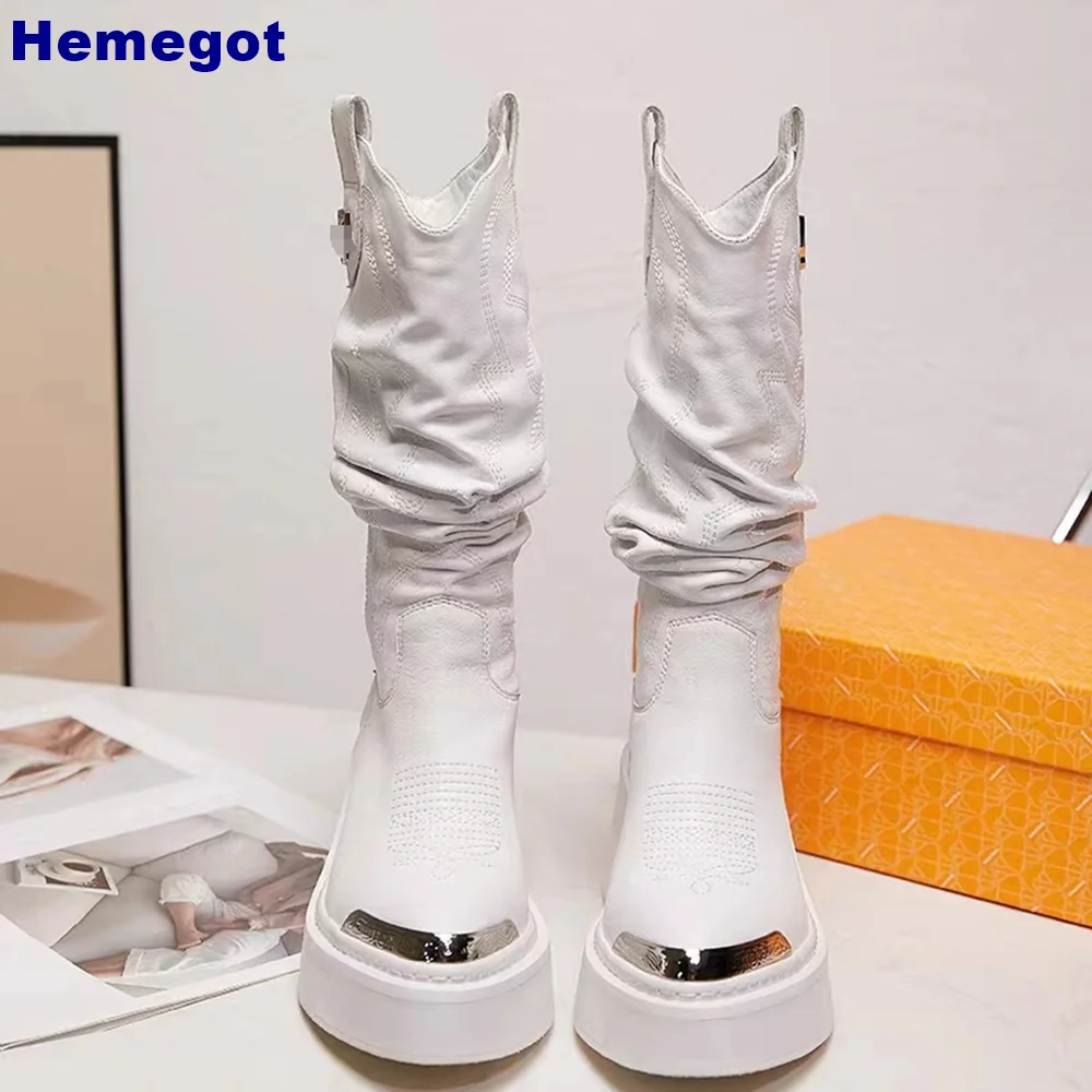 Pointed Toe Platform British Style Boots Thick Heel Metal Toe Sewing Knight Boots 2024 Black/white Fashion Women Mid-Calf Boots