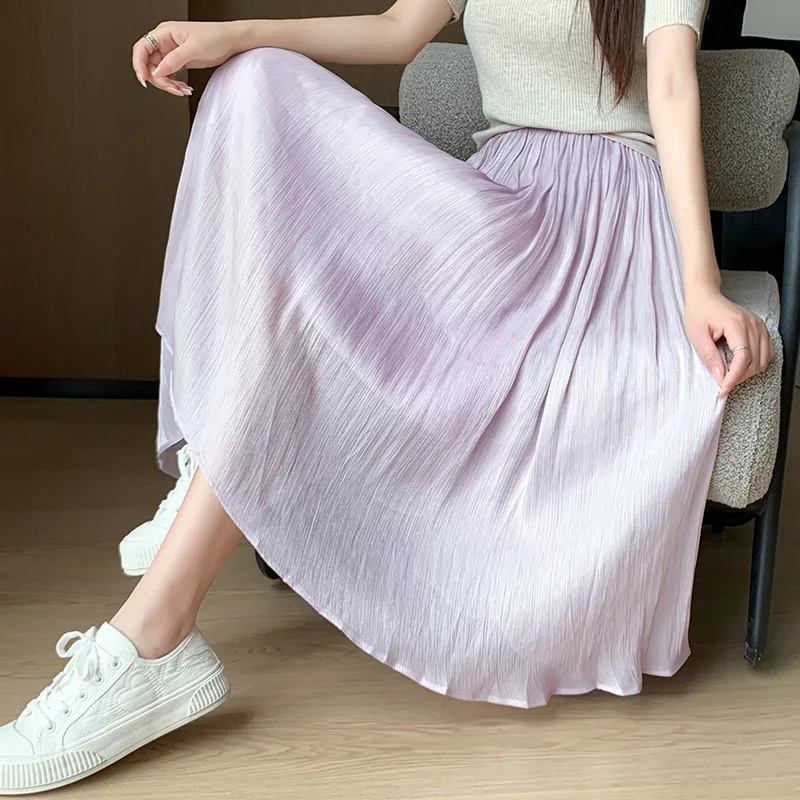 

SAYTHENSolid Color Summer High Waist Cool Feeling Comfortable A-Line Skirt Large Size Gentle Temperament Elastic Waist BodySkirt