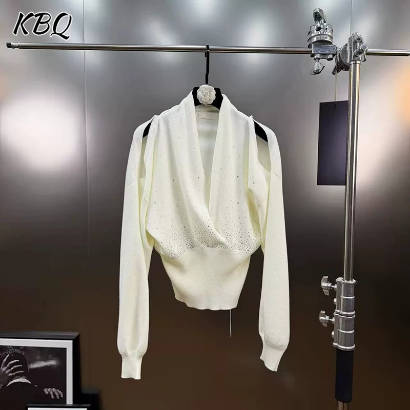 

KBQ Solid Spliced Folds Off Shoulder Sleeve Knitting Sweater for Women Stand Collar Patchwork Diamond Temperament Sweater Female