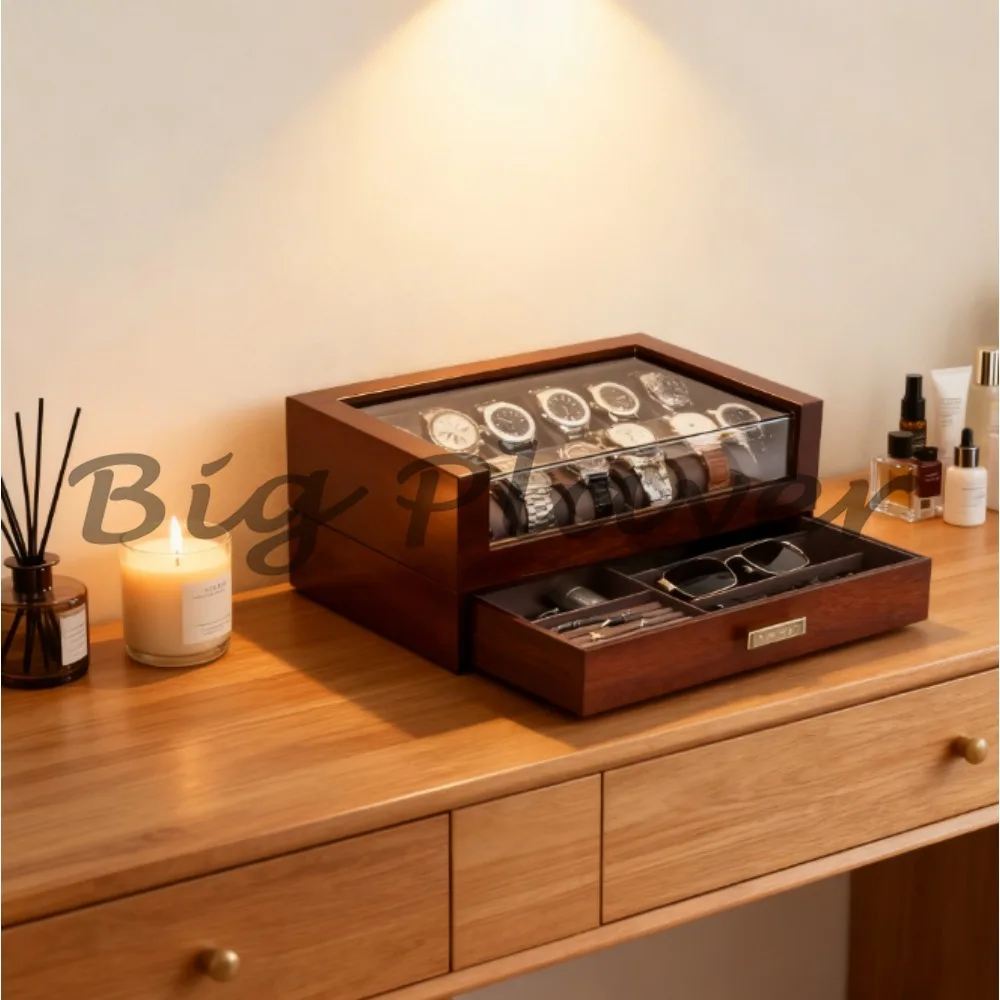 

Premium Wooden Watch Box 12 Slot - 2 Layer Glass Cover Dustproof Jewelry Case Unisex Gift Idea