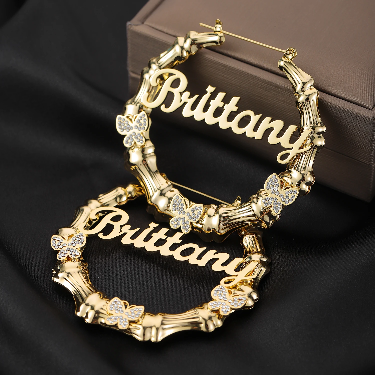 Customized Diamond Butterfly Bamboo Hoop Name Earring Stainless Steel Earring Bamboo Style Personality Hiphop Sexy Jewelry