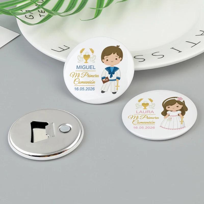 Recuerdos de bautismo, recuerdos de comunión para invitados, imán personalizado con abridor de botellas, imanes de nevera con foto personalizada