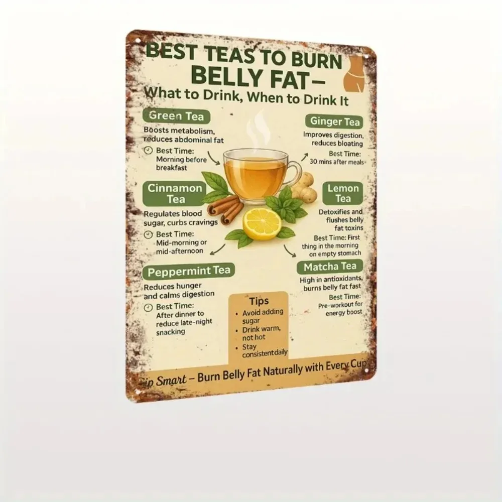2D Flat Retro Green Tea Weight Loss Chart Aluminum Wall Decor, Practical Belly Fat Guide With Matcha Cinnamon Detox Recipe