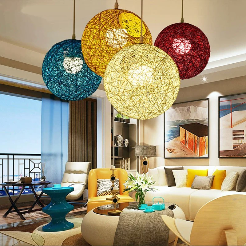 Modern Pendant Lights Colorful Rattan Ball Hanglamp For Bedroom Dining Room Nordic Restaurant Bar Decor E27 Luminaire Suspension