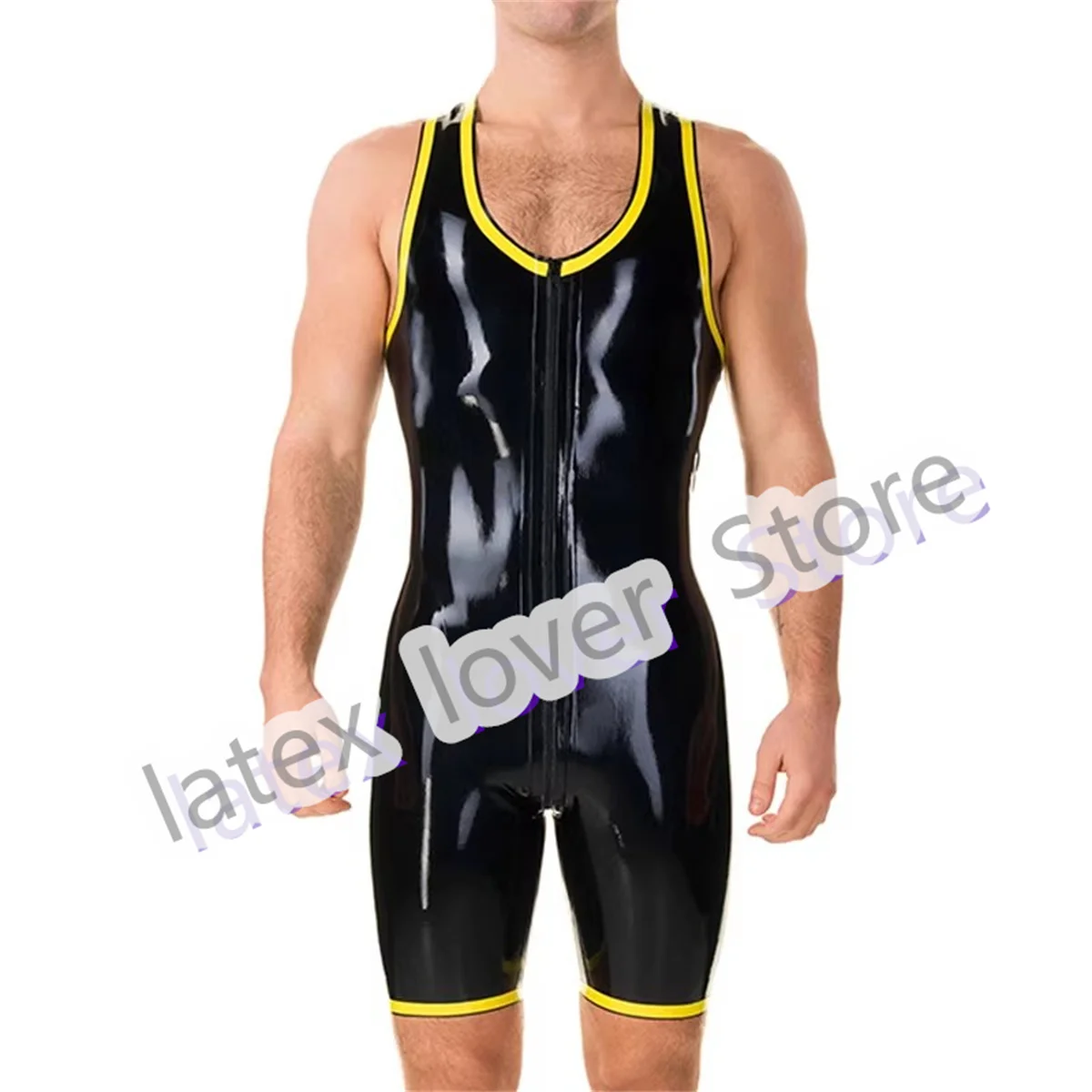 Handmade Latex Rubber Bodysuit with Yellow Trim Men's Latex Suit Tank Top Sexy Lingerie Cosplay Costumes Custom Made