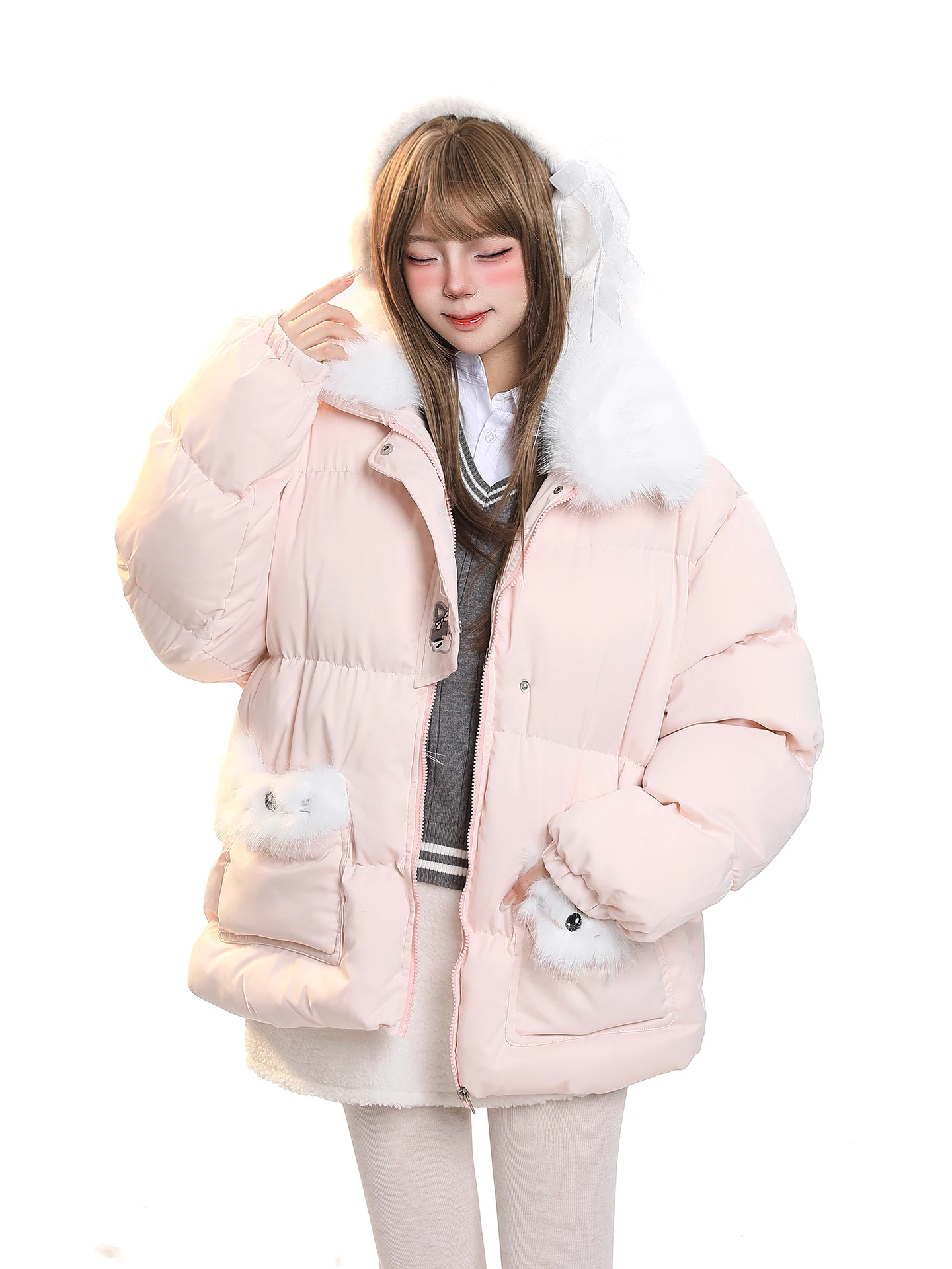 

Модная теплая женская зимняя хлопковая куртка свободного кроя с пышным воротником в студенческом стиле