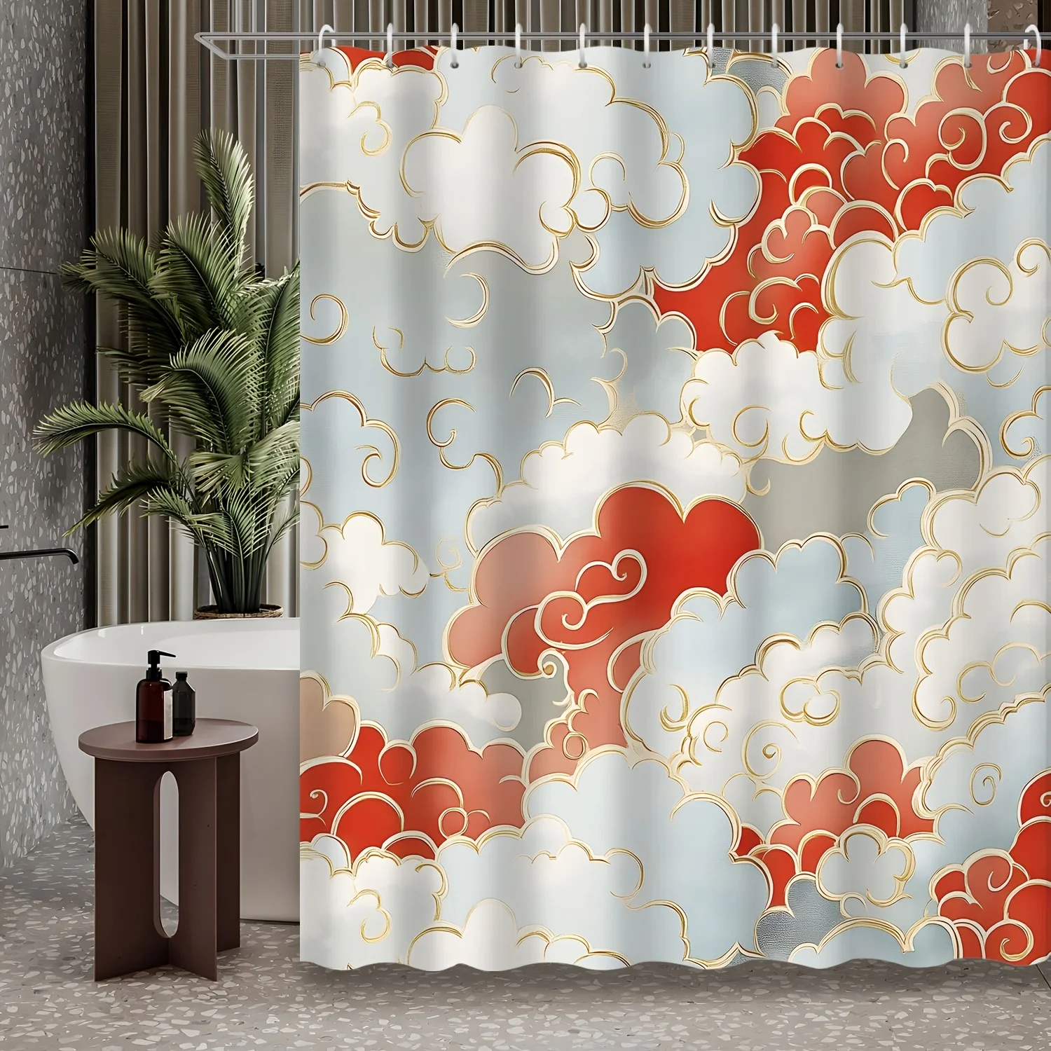 

1 шт., весенний фестиваль, украшение для дома, китайский стиль, золотой край, красный благоприятный облачный принт, занавеска для душа, декоративный принт для душа