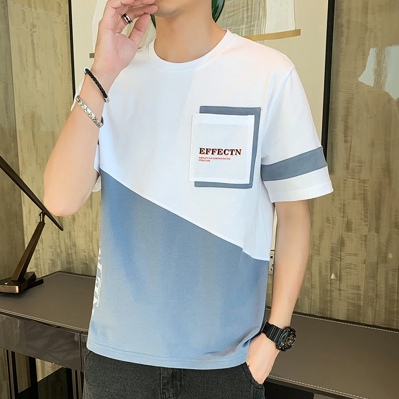 Youthful Vitality Korean Round Neck T-shirts Fashion Spliced Summer Letter Men\'s Clothing Contrasting Colors All-match Pullovers