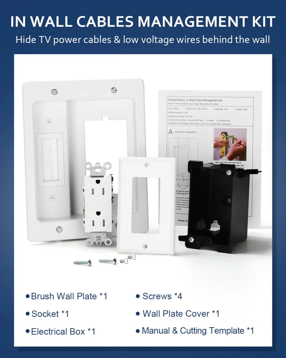 Awapow Recessed Outlet Box in Wall Cable Management Kit 15A 125V Hide TV Power Cables & Low Voltage Wires Behind the Wall White view 5