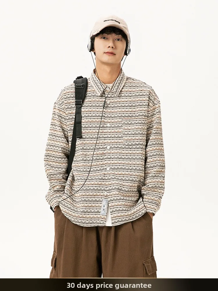 

Мужская рубашка NTED в стиле ретро с полосатыми вставками и этническим узором, с длинными рукавами, повседневная, универсальная, из смесового хлопка и полиэстера, осенняя верхняя одежда