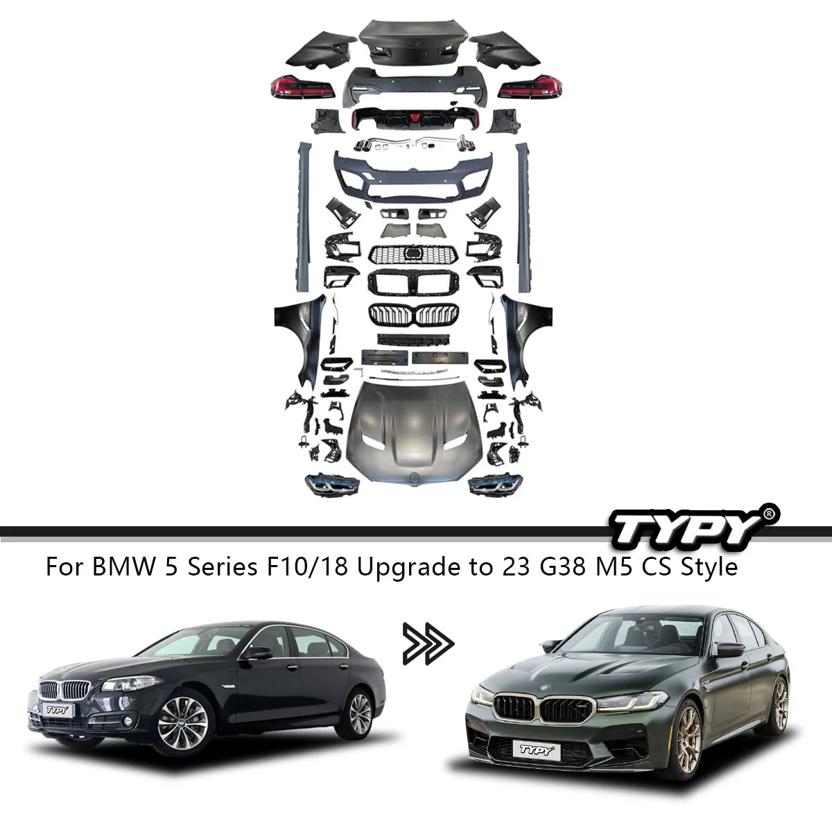

Комплект кузова автомобильного бампера TYPY для Bwm 5 серии F10/F18 2011-2017, обновление до M5CS G30/G38, передний и задний бампер в сборе, боковая юбка