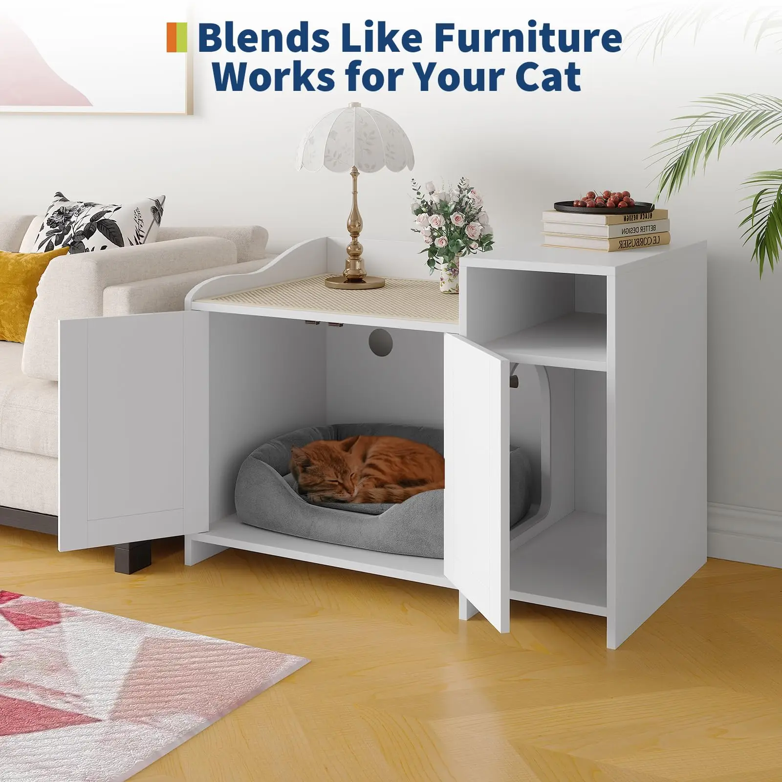 

Hidden Cat Litter Box Enclosure Wooden Concealed Litter Cabinet With Vent Door & Storage Drawers Space-Saving Cat Furniture