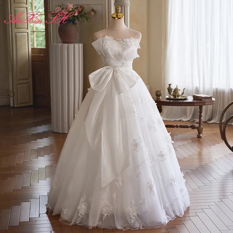 

AnXin SH princess white flower lace strapless sleeveless big bow beading pearls rose lace up bride customized wedding dress